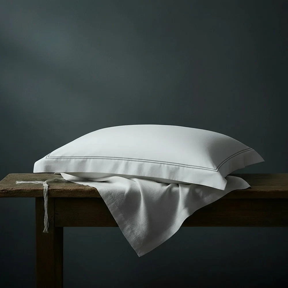White Oxford pillowcase with two row satin stitch border detailing luxury hospitality bedding collection Linen and Co