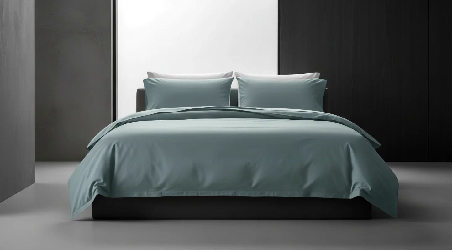 Duck Egg bed linen by Linen and Co styled on a modern bed, showcasing sleek, premium bedding for hospitality and home.