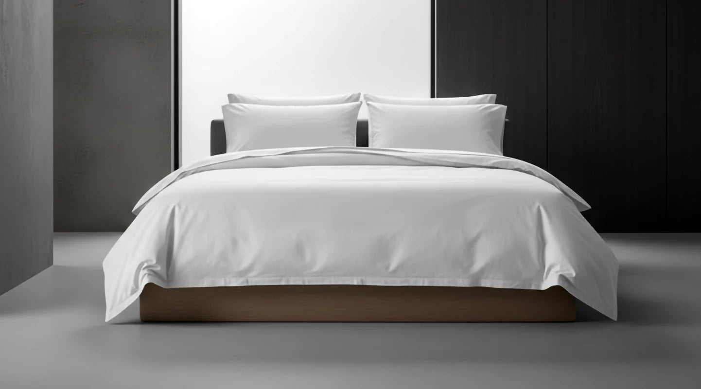 White bed linen by Linen and Co styled on a modern bed, showcasing sleek, premium bedding for hospitality and home.
