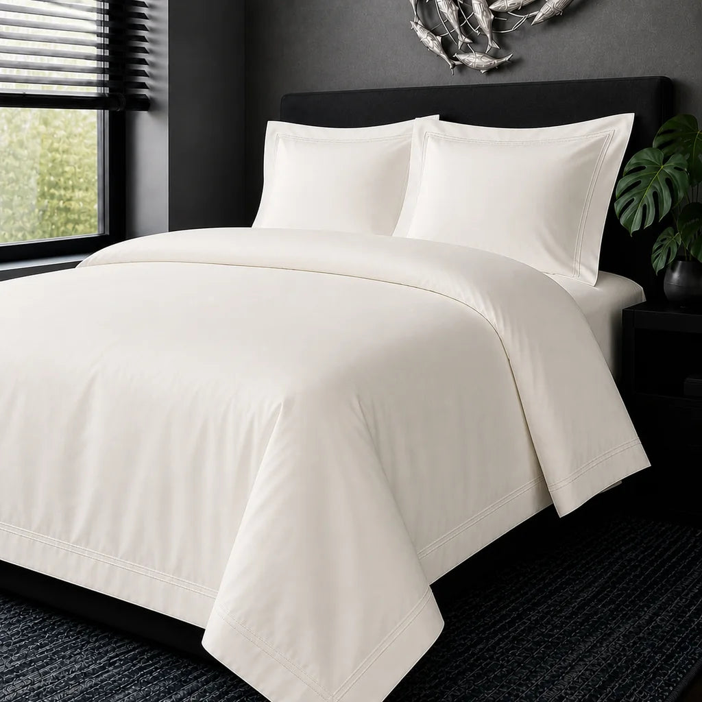 Cream cotton 200TC Oxford duvet cover set with cream two-row satin stitch – hero view | Linen & Co