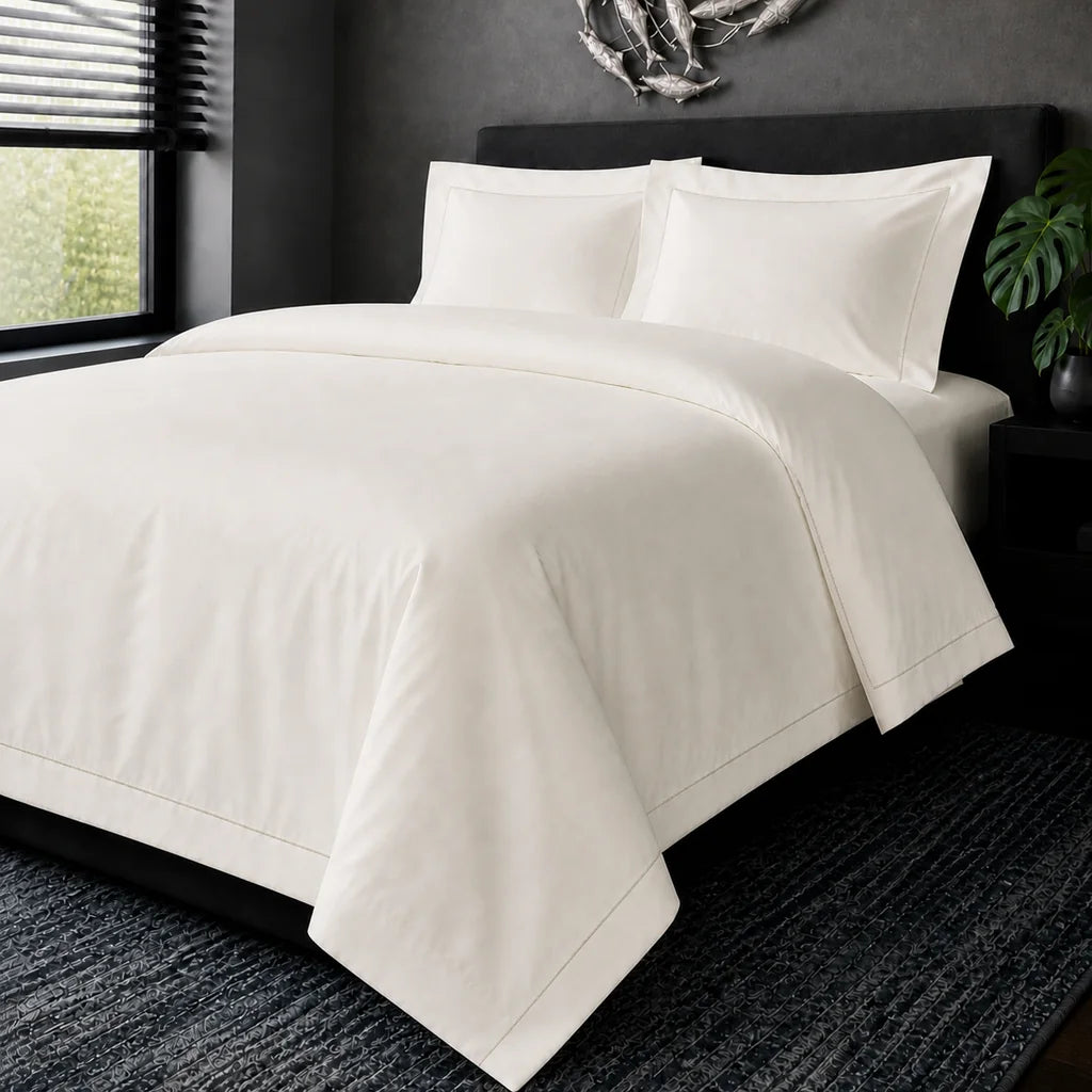 Cream cotton 200TC Oxford duvet cover set with stone one-row satin stitch – hero view | Linen & Co