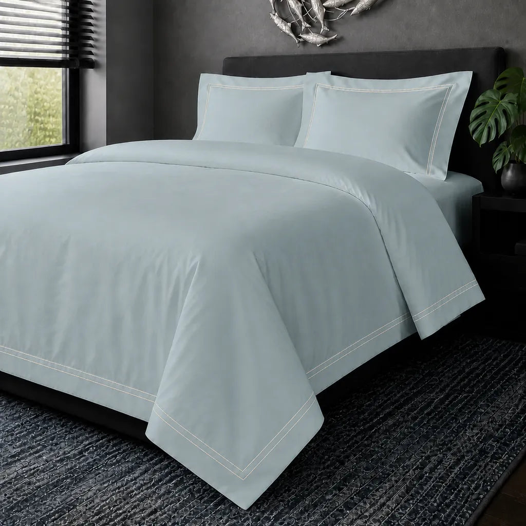 Duck Egg cotton 200TC Oxford duvet cover set with cream two-row satin stitch – hero view | Linen & Co
