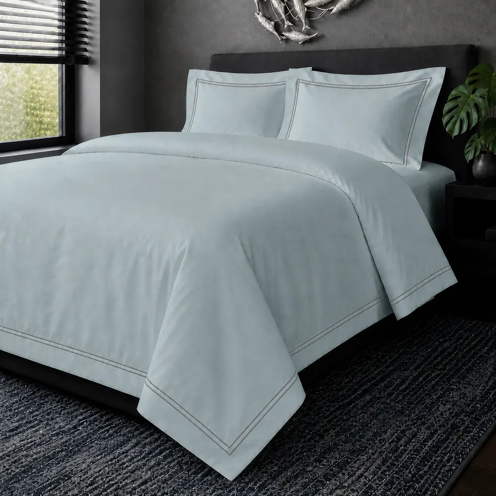 Duck Egg cotton 200TC Oxford duvet cover set with grey two-row satin stitch – hero view | Linen & Co
