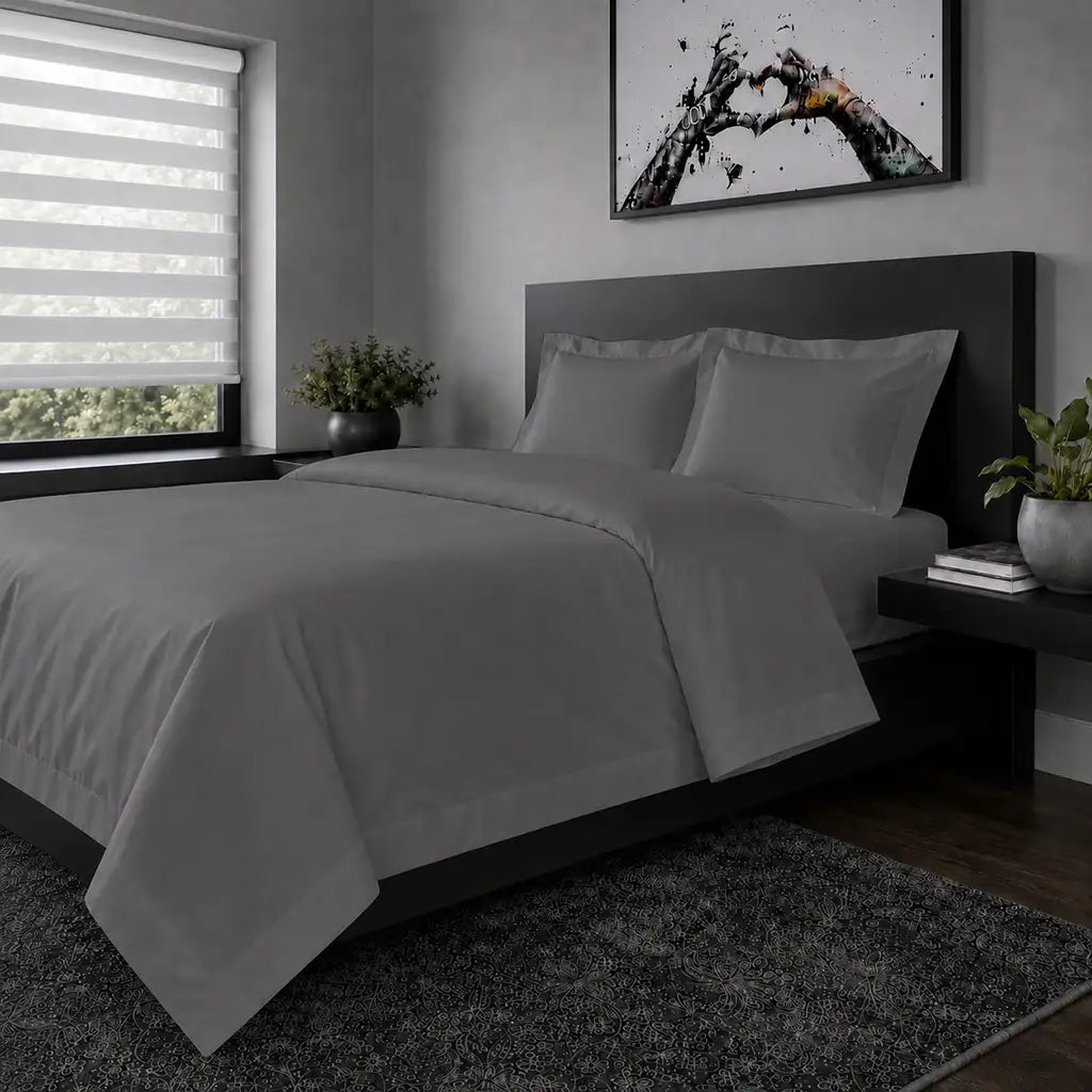 Grey Oxford duvet cover set - No Satin Stitch - hero view - Linen and Co