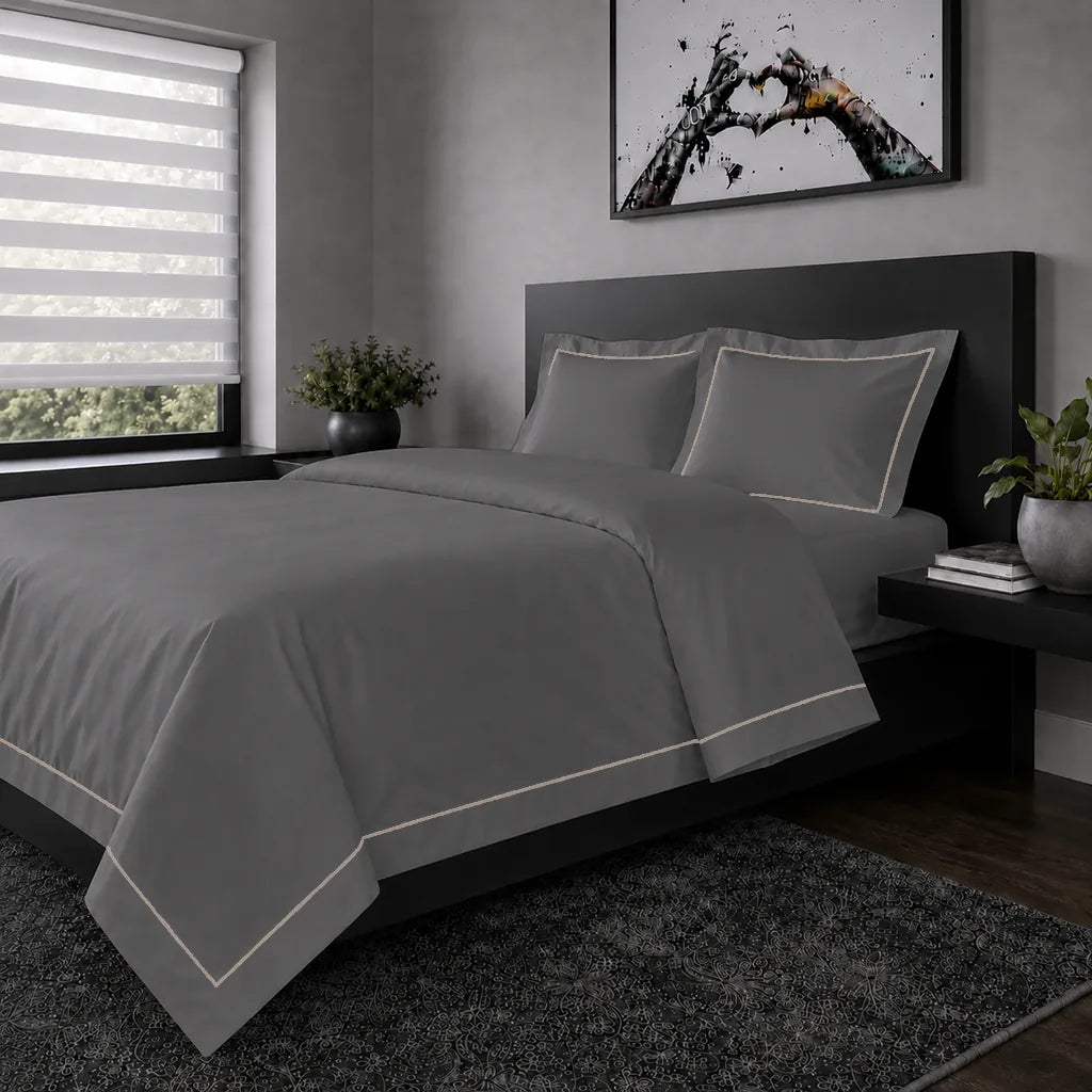 Grey Oxford duvet cover set - Stone One Row Satin Stitch - hero view - Linen and Co