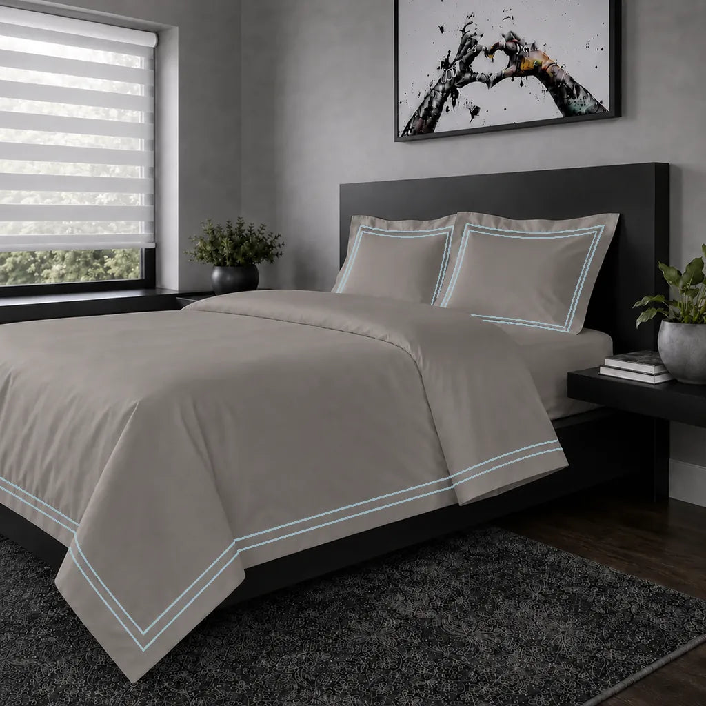 Oxford duvet cover set - Duck Egg Two Row Satin Stitch - hero view - Linen and Co