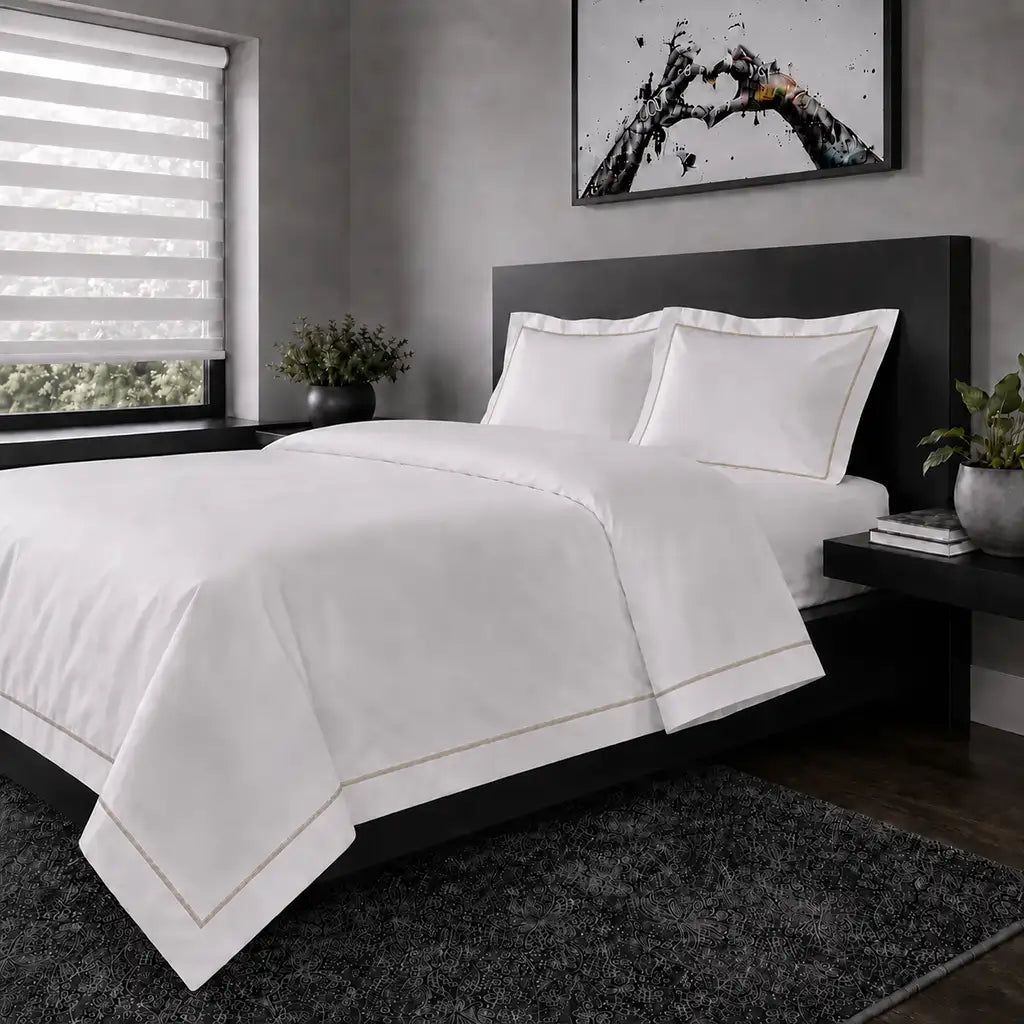 White polycotton percale Oxford duvet cover set with stone one-row satin stitch – hero view | Linen & Co