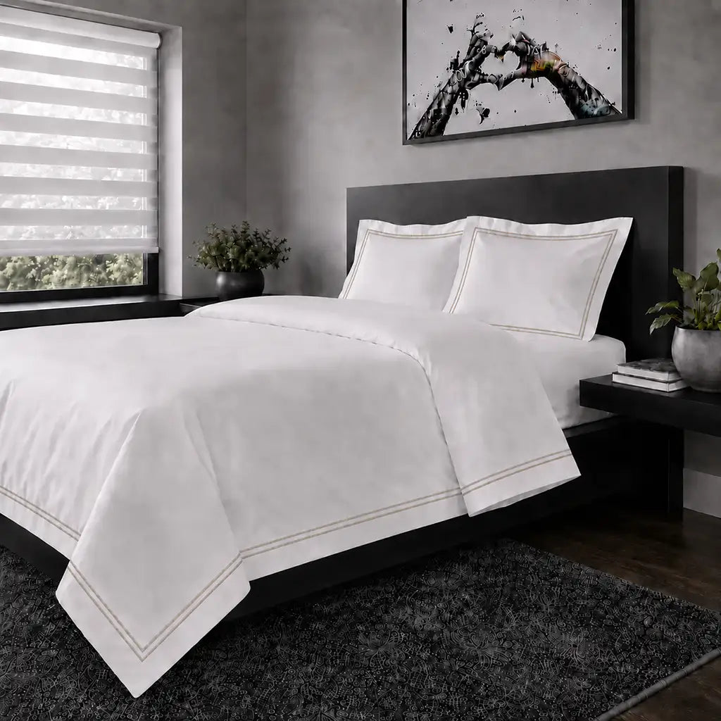 White polycotton percale Oxford duvet cover set with stone two-row satin stitch – hero view | Linen & Co