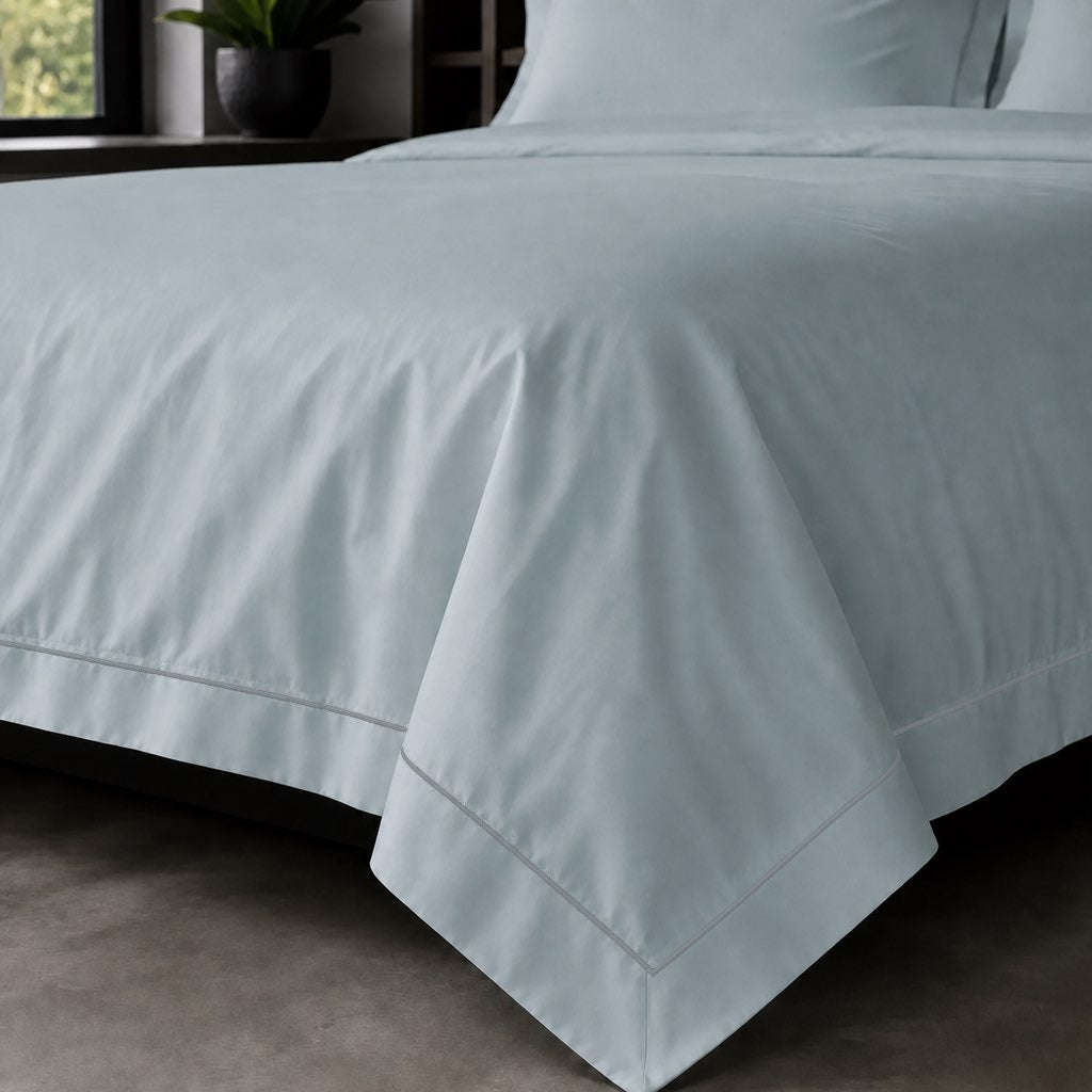 Duck Egg Oxford duvet cover set - Grey One Row Satin Stitch - on-the-bed corner view - Linen and Co