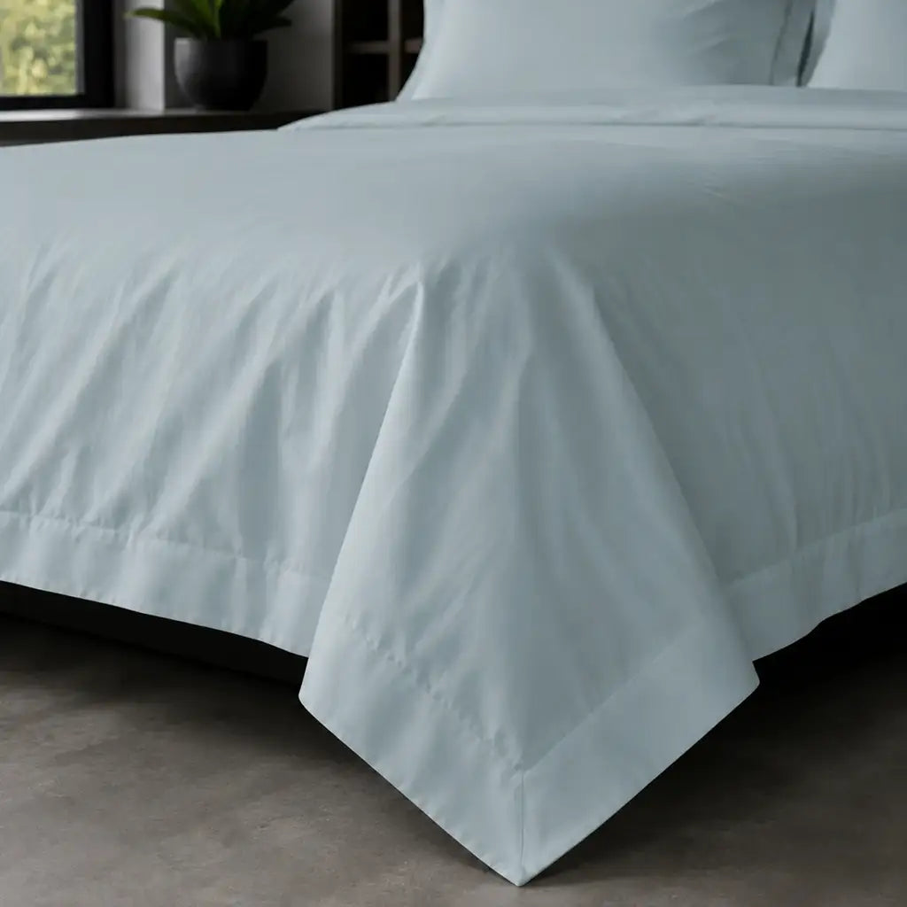 Duck Egg Oxford duvet cover set - No Satin Stitch - on-the-bed corner view - Linen and Co