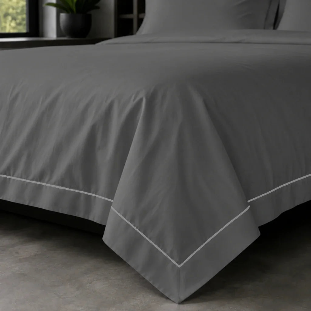 Grey Oxford duvet cover set - Grey One Row Satin Stitch - on-the-bed corner - Linen and Co