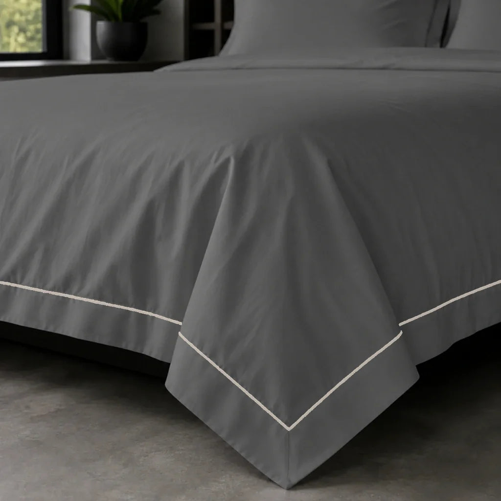 Grey Oxford duvet cover set - Stone One Row Satin Stitch - on-the-bed corner - Linen and Co