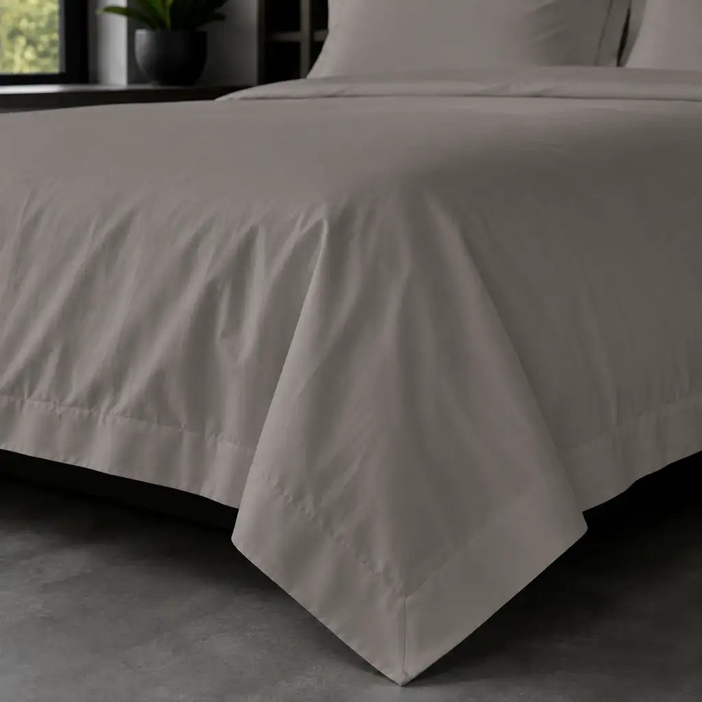 Stone Oxford duvet cover set - No Satin Stitch - on-the-bed corner view - Linen and Co