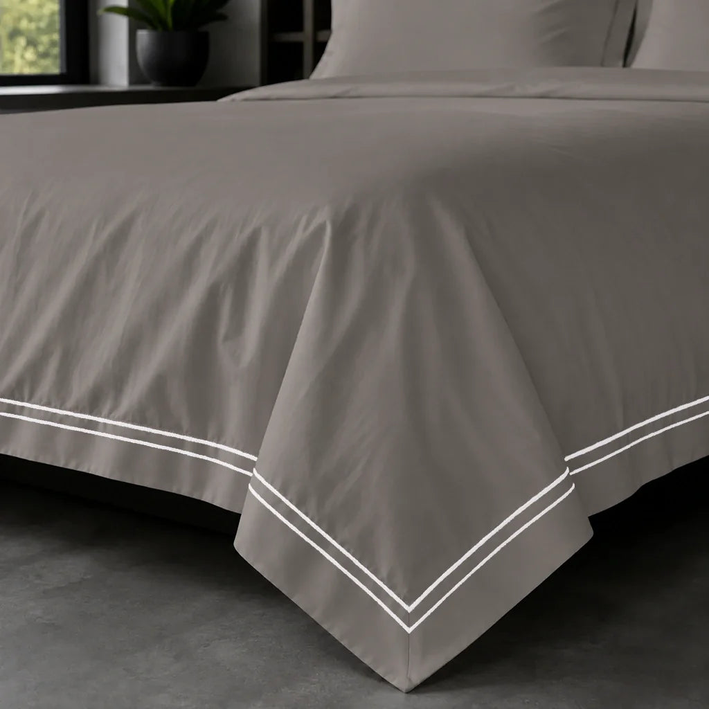 Oxford duvet cover set - White Two Row Satin Stitch - on-the-bed corner view - Linen and Co