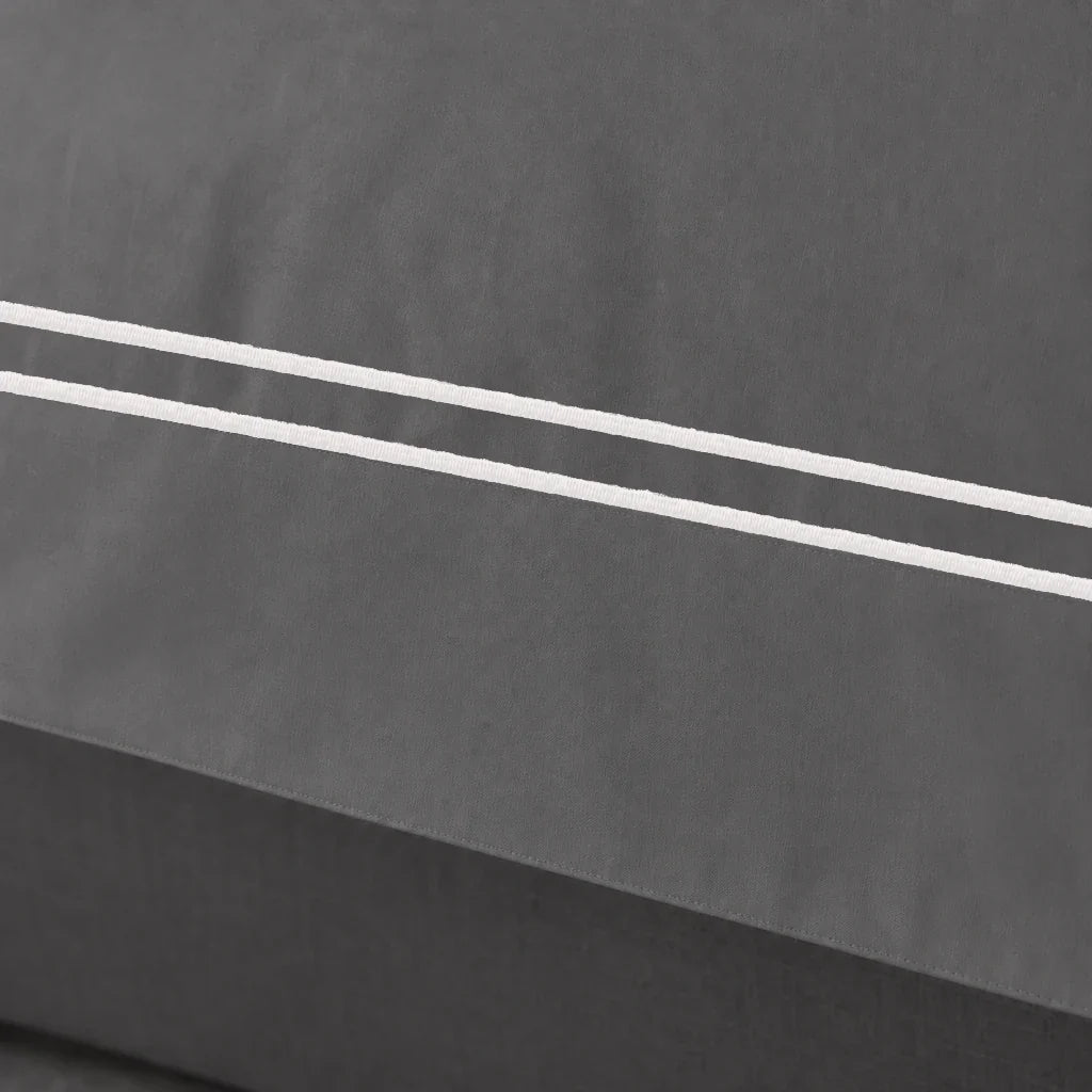 Grey Oxford duvet cover set - Cream Two Row Satin Stitch - close-up border - Linen and Co