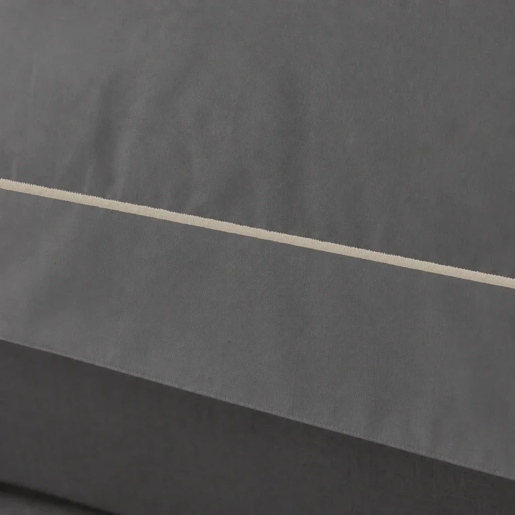 Grey cotton 200TC Oxford duvet cover set with stone one-row satin stitch – close up view | Linen & Co