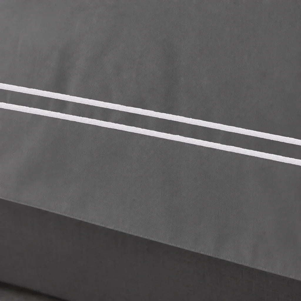 Grey Oxford duvet cover set - White Two Row Satin Stitch - close-up border - Linen and Co