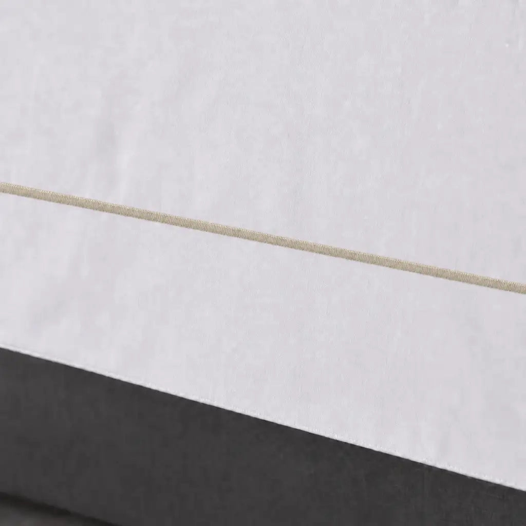 White polycotton percale Oxford duvet cover set with stone one-row satin stitch – close-up view | Linen & Co