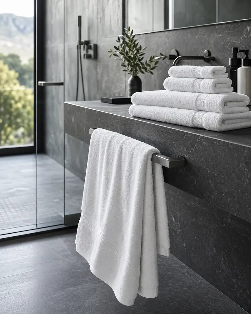 Luxury white towels in a modern charcoal bathroom