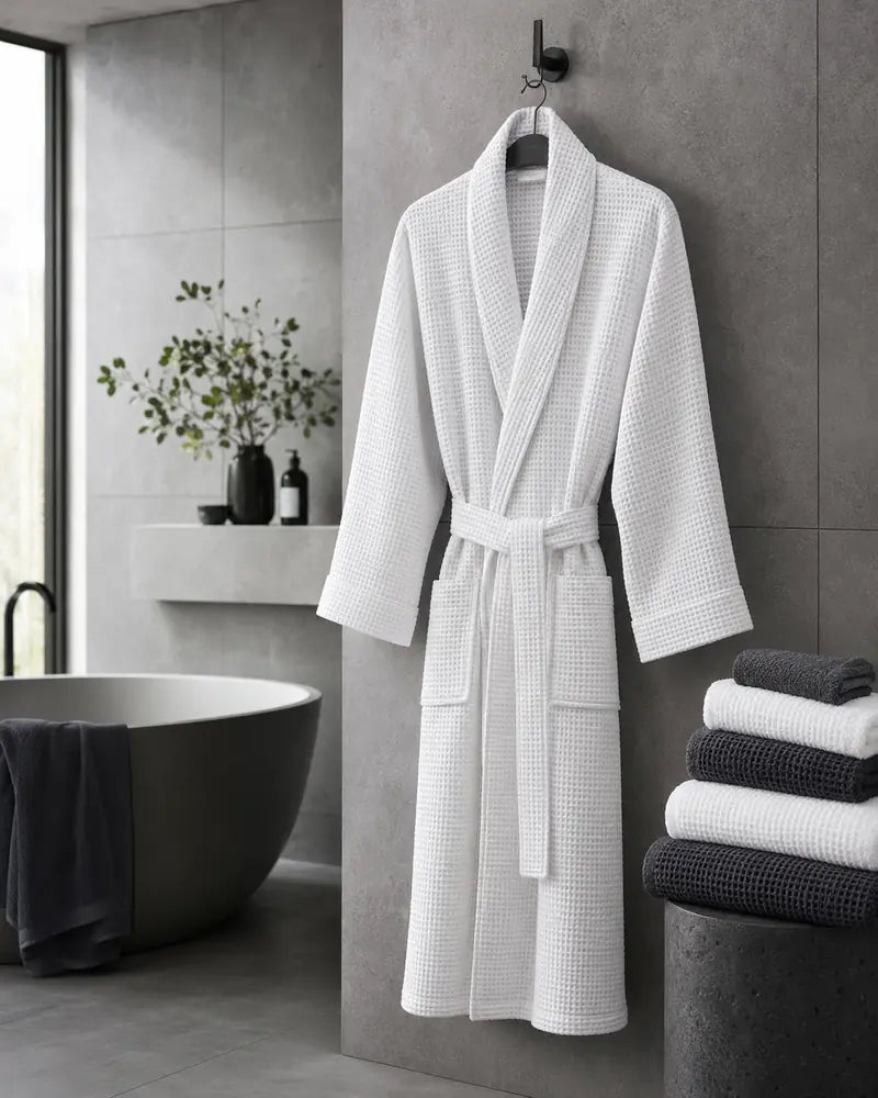 White waffle bathrobe in a contemporary bathroom