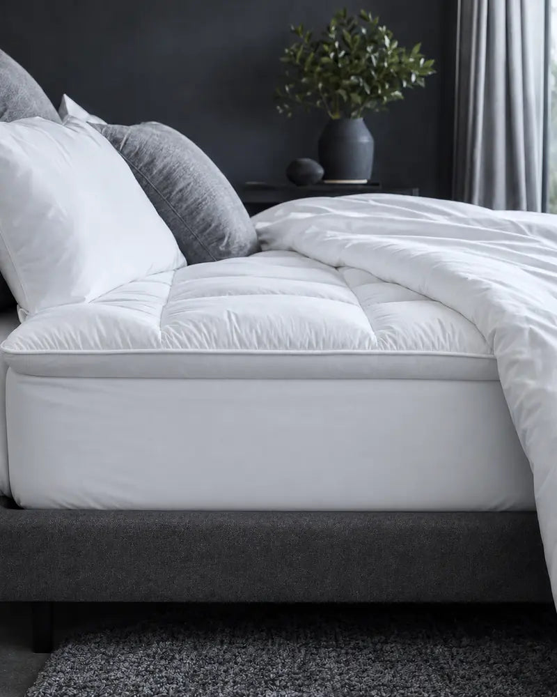 Puffy white mattress topper with a fitted fabric skirt