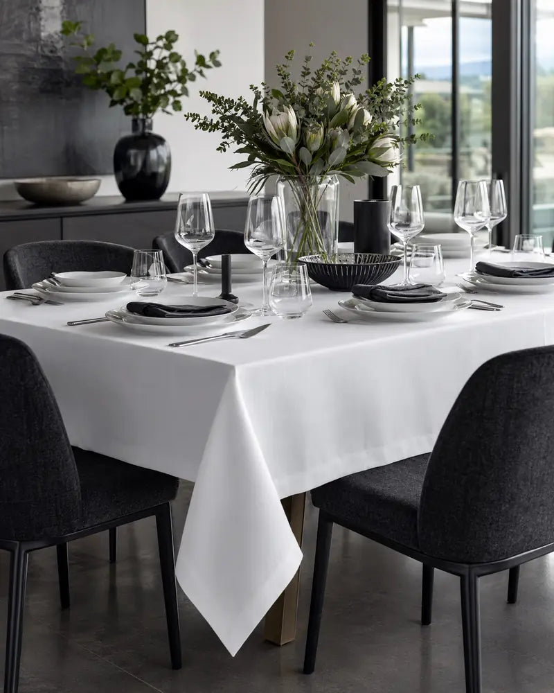 White tablecloth on an elegant contemporary dining table