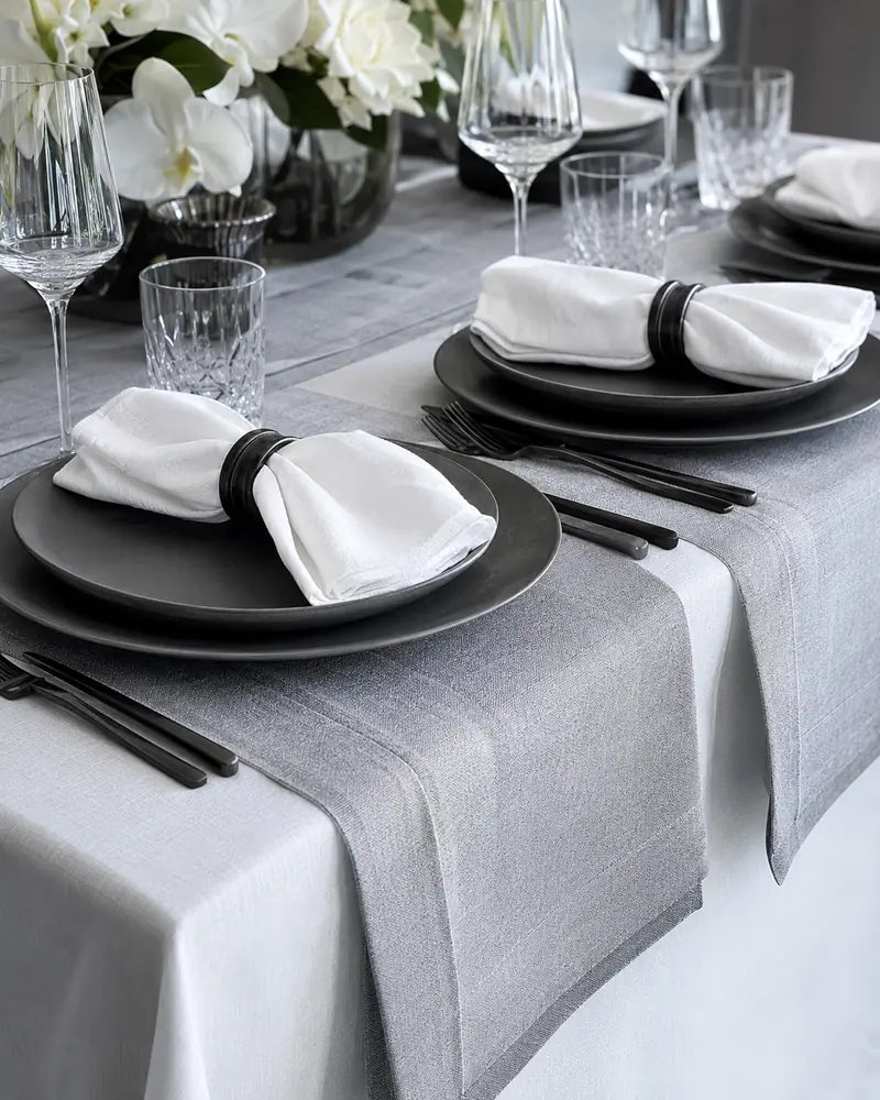 White napkins and grey table overlays with black place settings