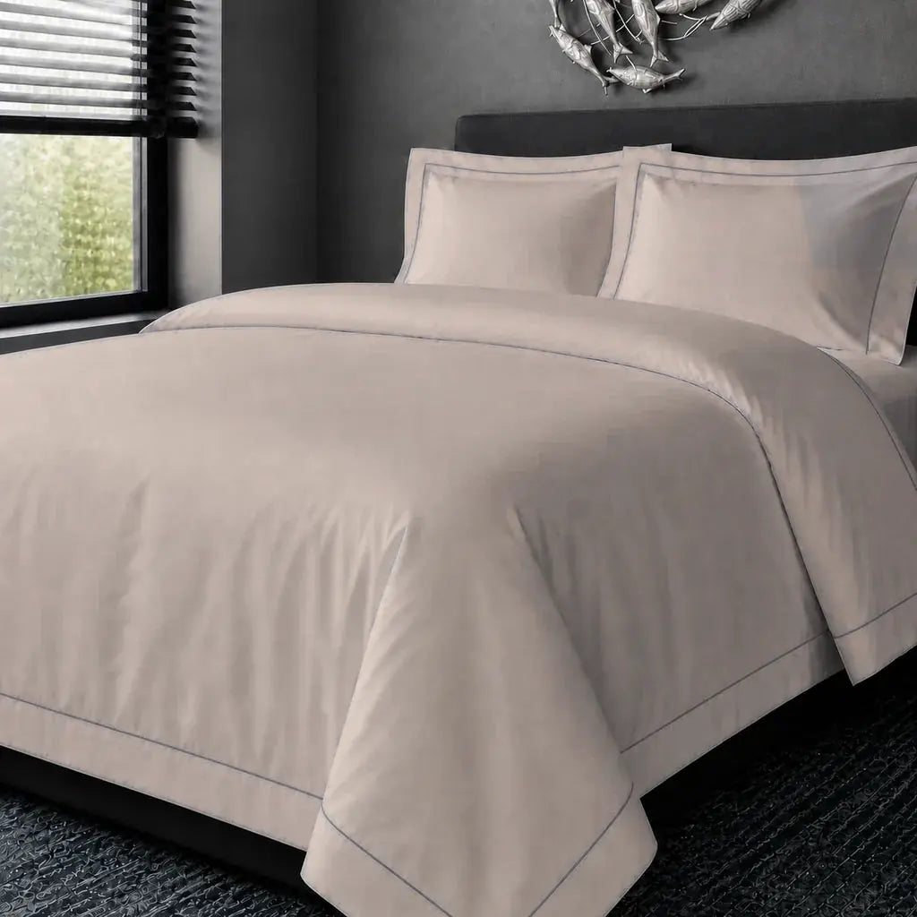 Stone Cotton 200TC Oxford duvet cover set with grey one-row satin stitch, hero view.