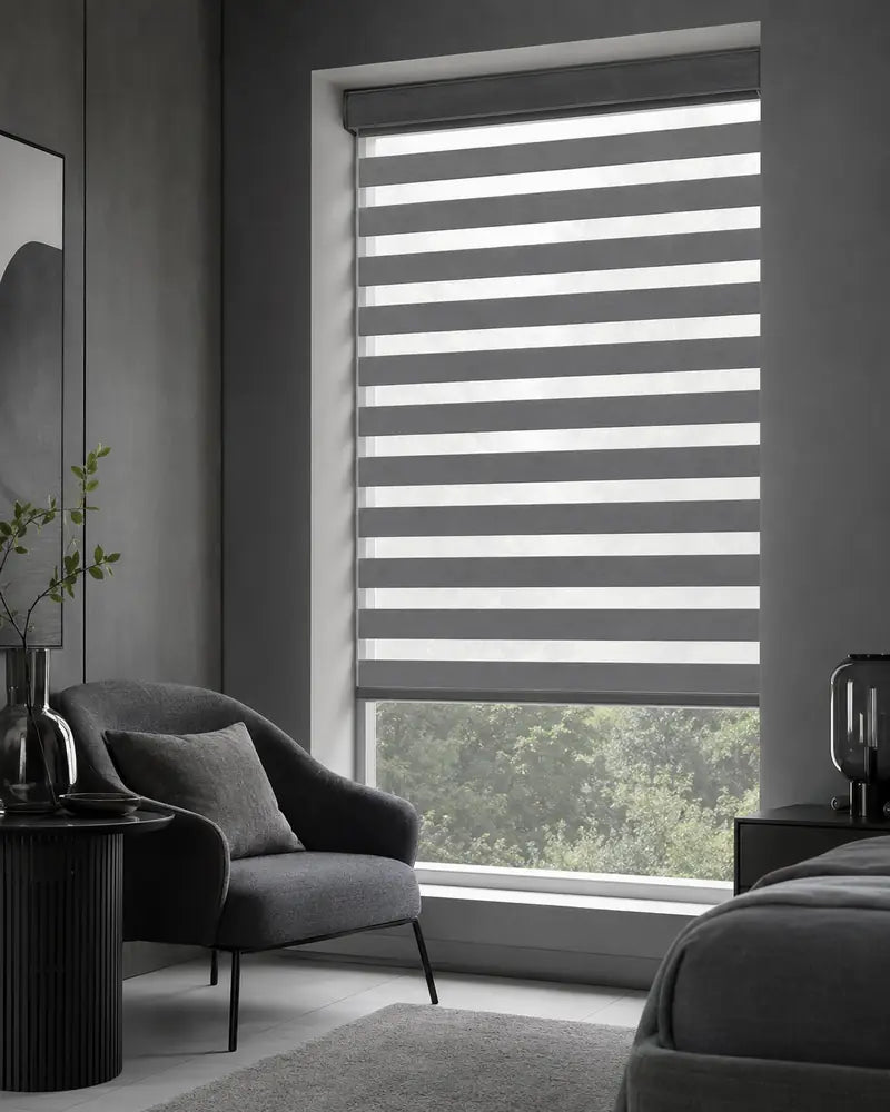 Grey zebra blind in a contemporary window