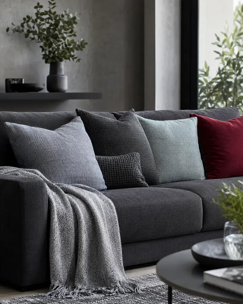 Grey throw and colourful scatter cushions on a charcoal sofa