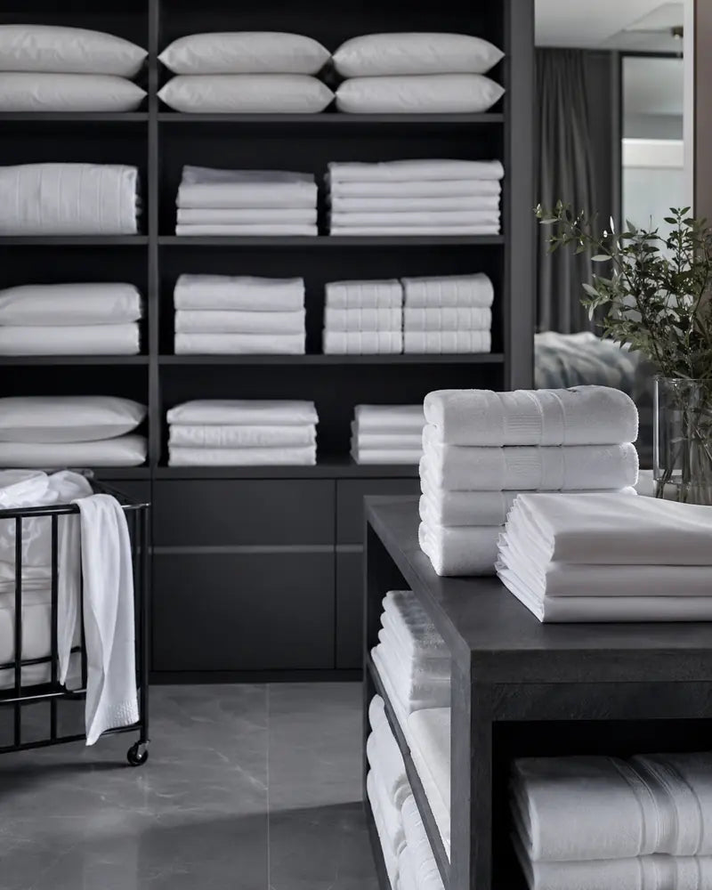 Hospitality sheets pillows and towels arranged on charcoal shelving