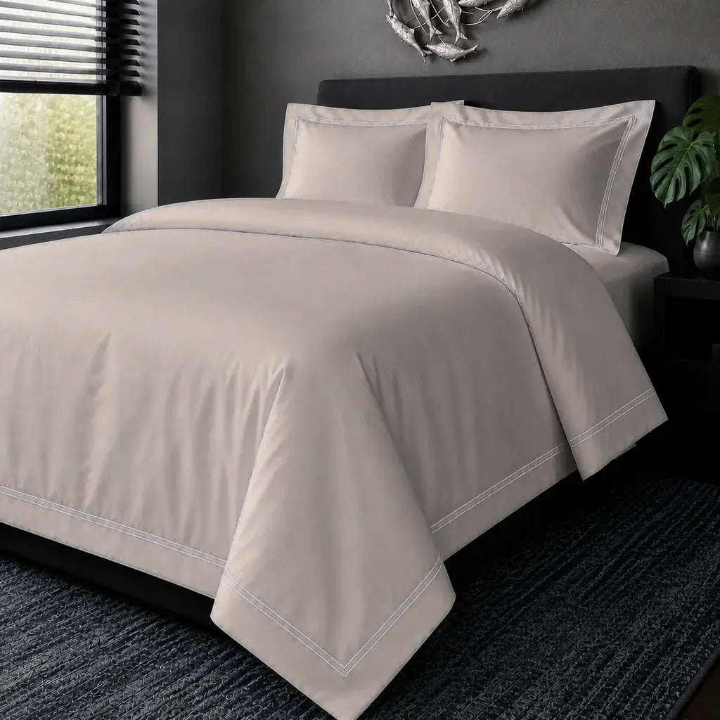 Stone Cotton 200TC Oxford duvet cover set with white two-row satin stitch, hero view.