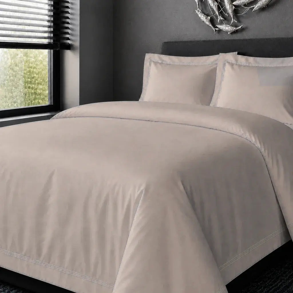 Stone Cotton 200TC Oxford duvet cover set with cream two-row satin stitch, hero view.