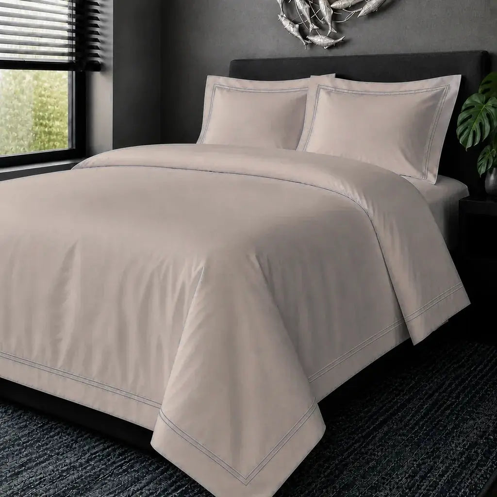 Stone Cotton 200TC Oxford duvet cover set with stone two-row satin stitch, hero view.