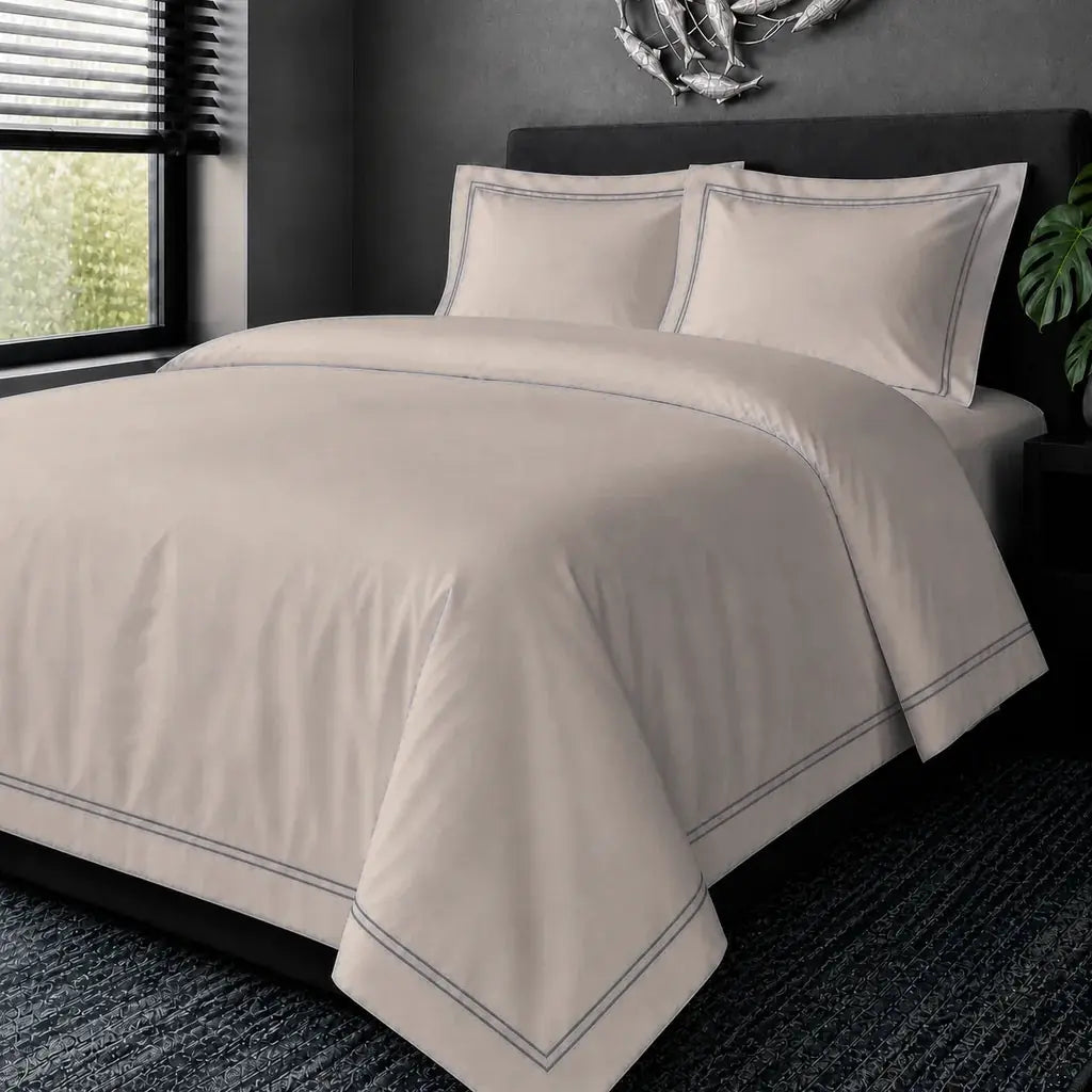 Stone Cotton 200TC Oxford duvet cover set with grey two-row satin stitch, hero view.
