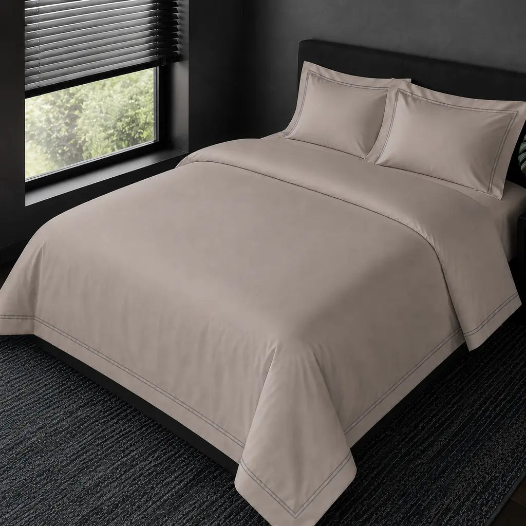 Alternative view of the Stone Cotton 200TC Oxford duvet cover set with grey two-row satin stitch.