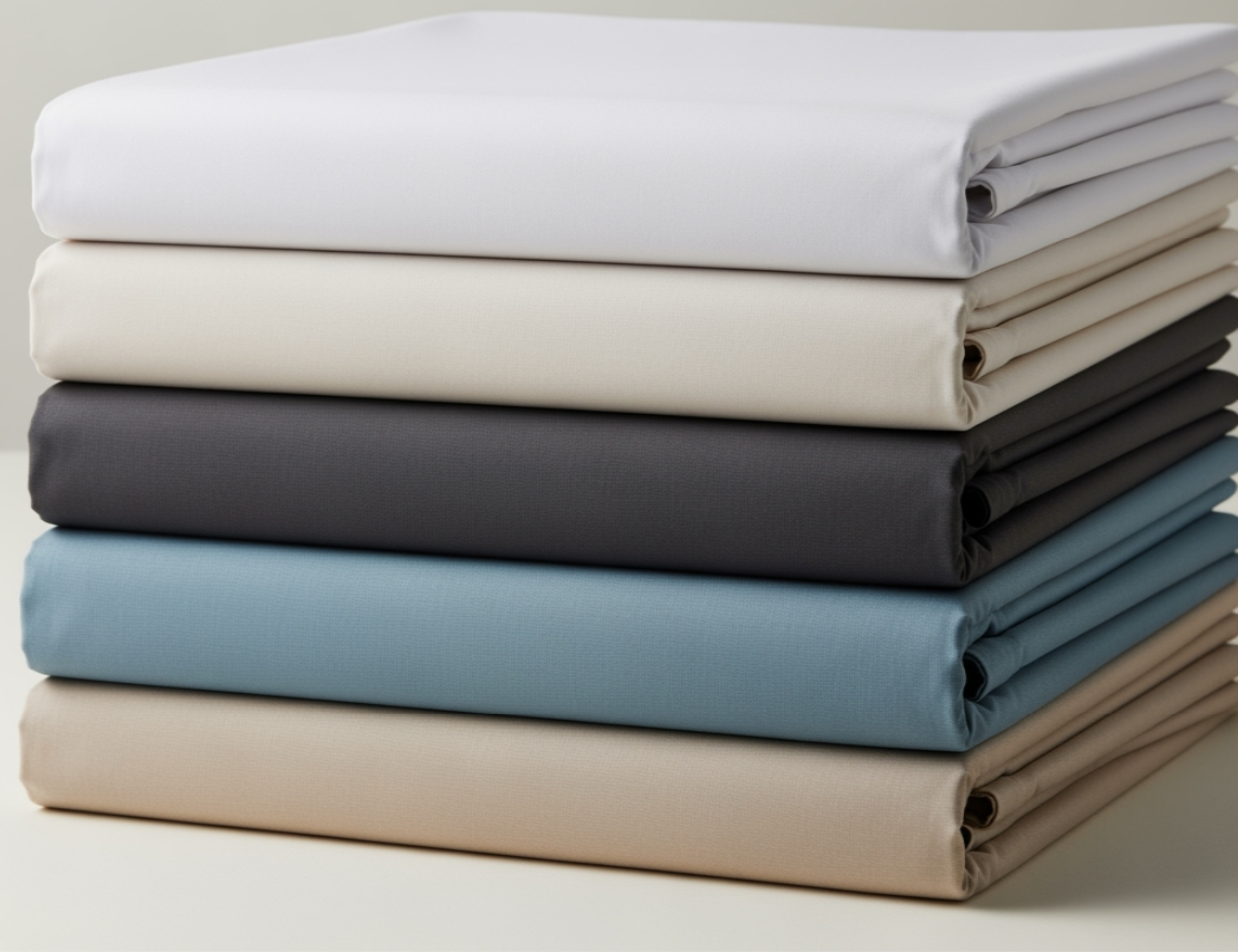 Stack of premium cotton percale flat sheets in Linen & Co's signature colours: white, cream, dark grey, duck egg blue, and stone. Neatly folded luxury bedding showcasing color variety and textile quality for hospitality and residential customers seeking expert linen guidance.