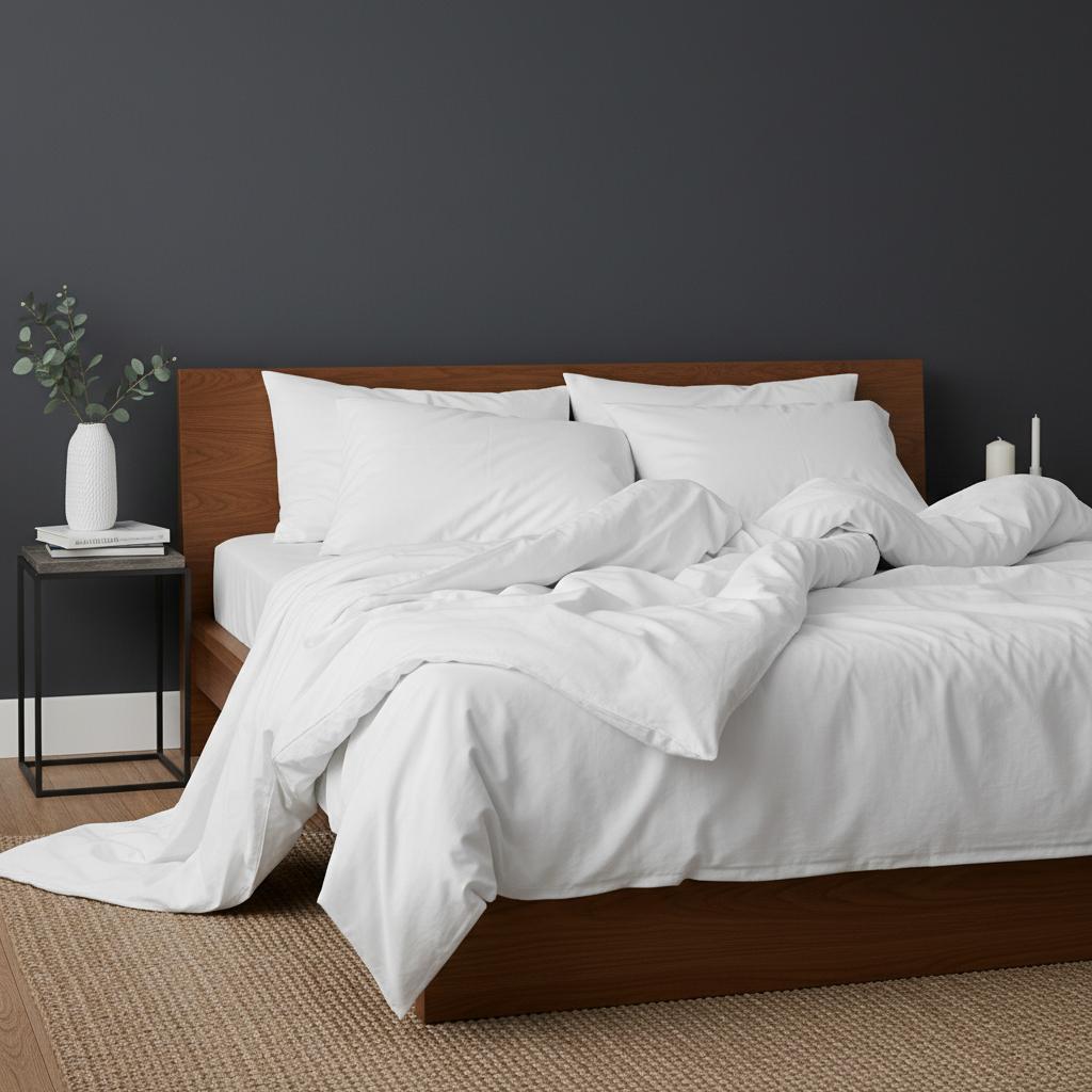 Soft grey luxury bedding ensemble highlighting tranquil, sophisticated bedroom styling. Premium polycotton percale linens designed for ultimate comfort and restful sleep, embodying Linen & Co's elegant hospitality-inspired aesthetic.