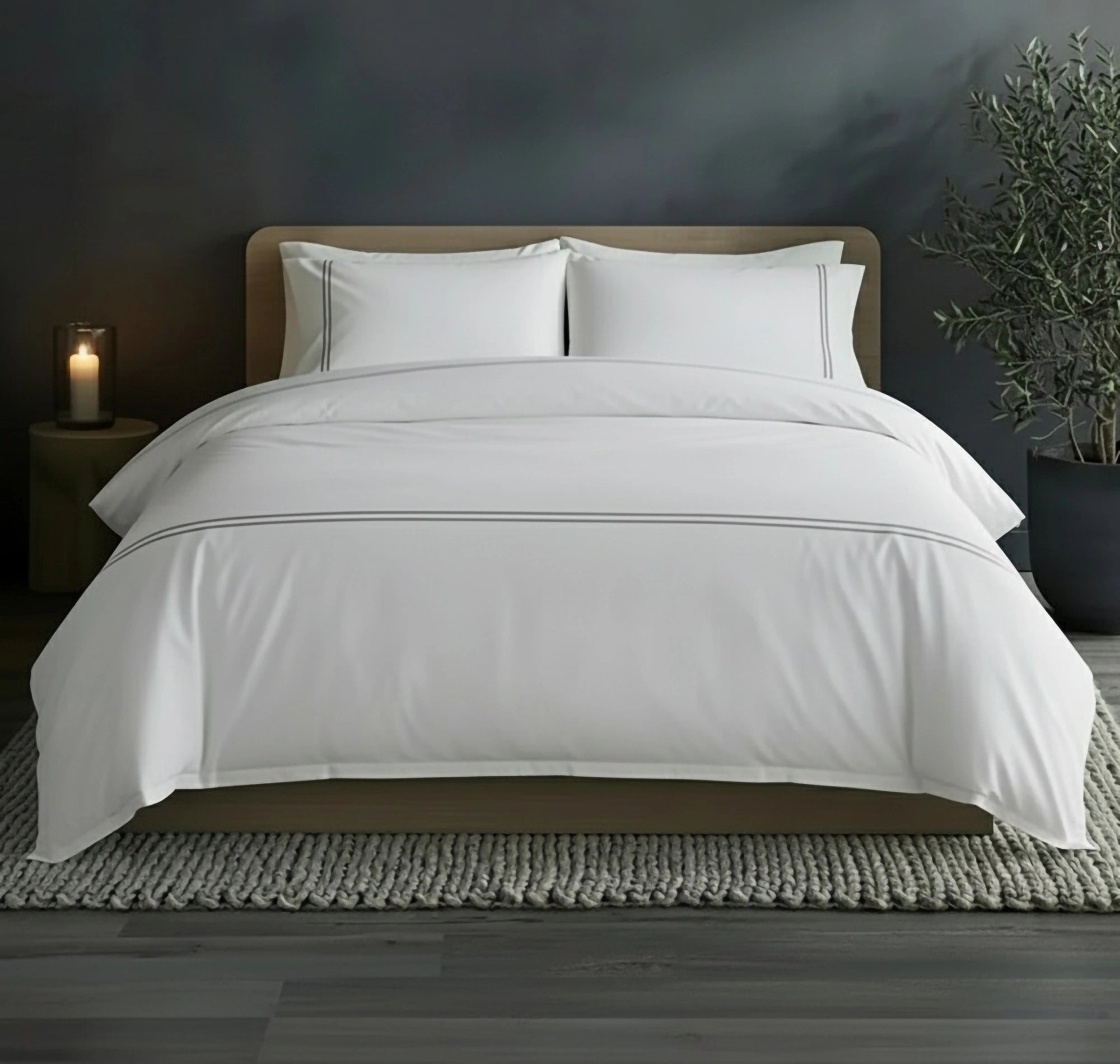 Linen & Co luxury white percale bedding set with smooth fabric on moody dark grey background - premium hospitality hotel bed linen collection