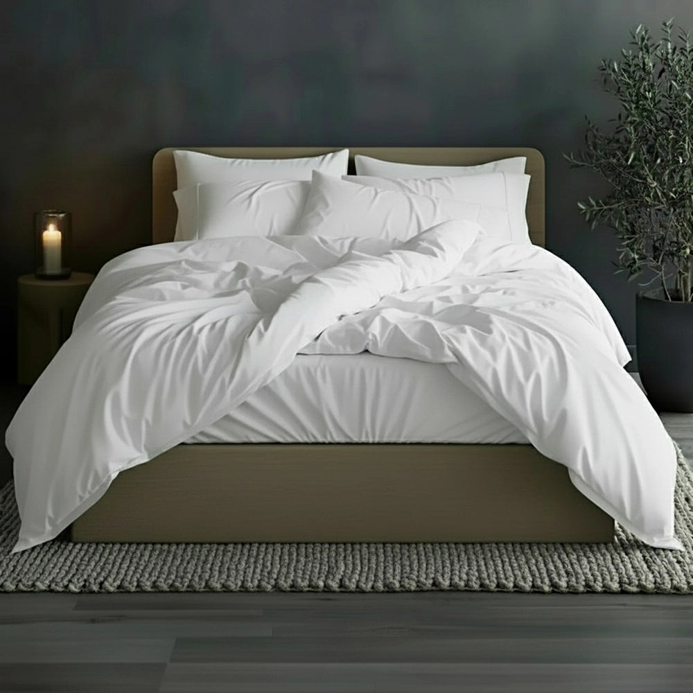 Linen and Co, 200 thread count  percale duvet covers in white, showcasing professional hospitality textile solutions