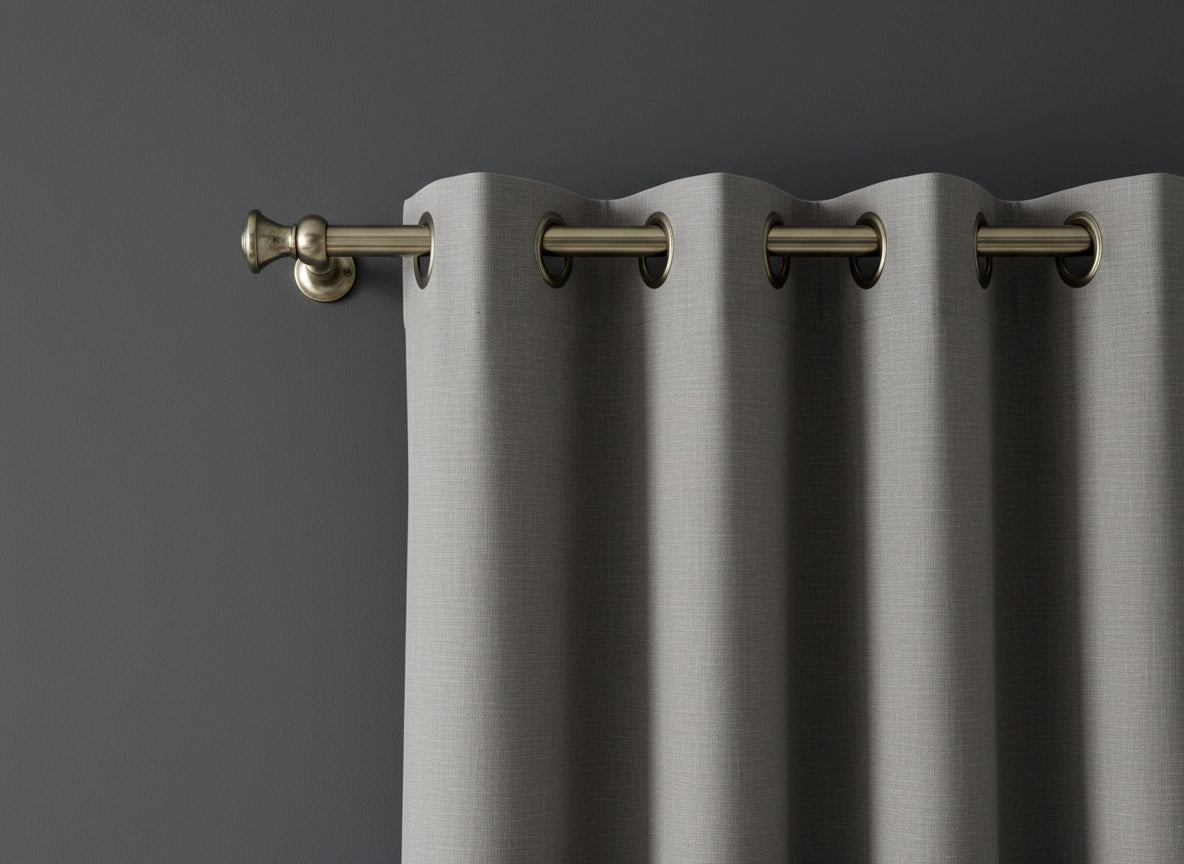 Antique brass curtain rod with eyelets and light grey curtains, premium quality for hospitality and residential interiors by Linen and Co