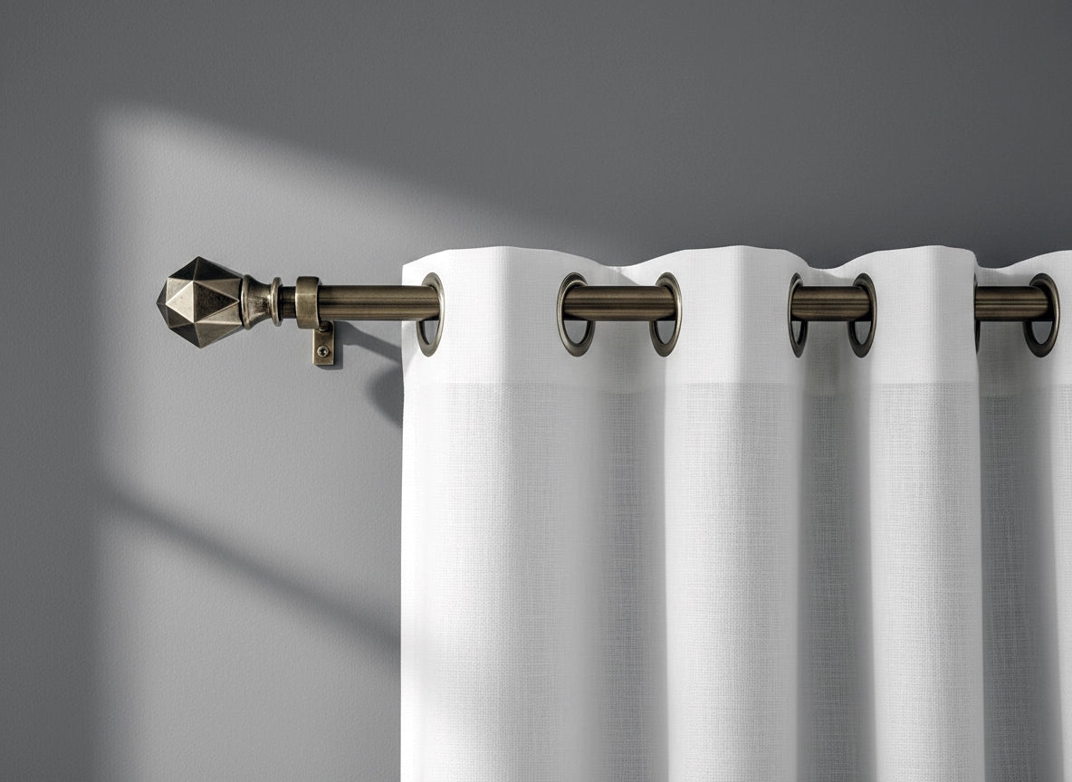 Antique brass curtain rods and accessories with decorative finials, premium quality for hospitality and residential interiors by Linen and Co
