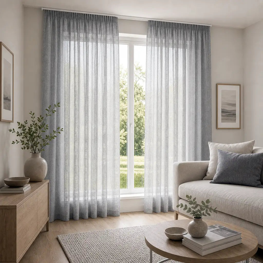 Arissa Grey sheer ready-made taped curtain by Silk House for Linen & Co