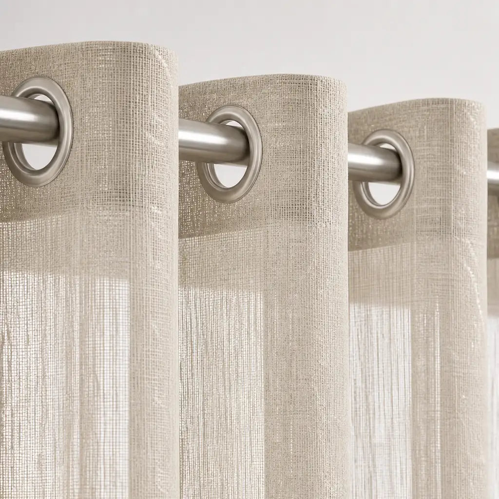 Close-up of Arissa Sand sheer eyelet curtain fabric and eyelet heading by Silk House for Linen & Co