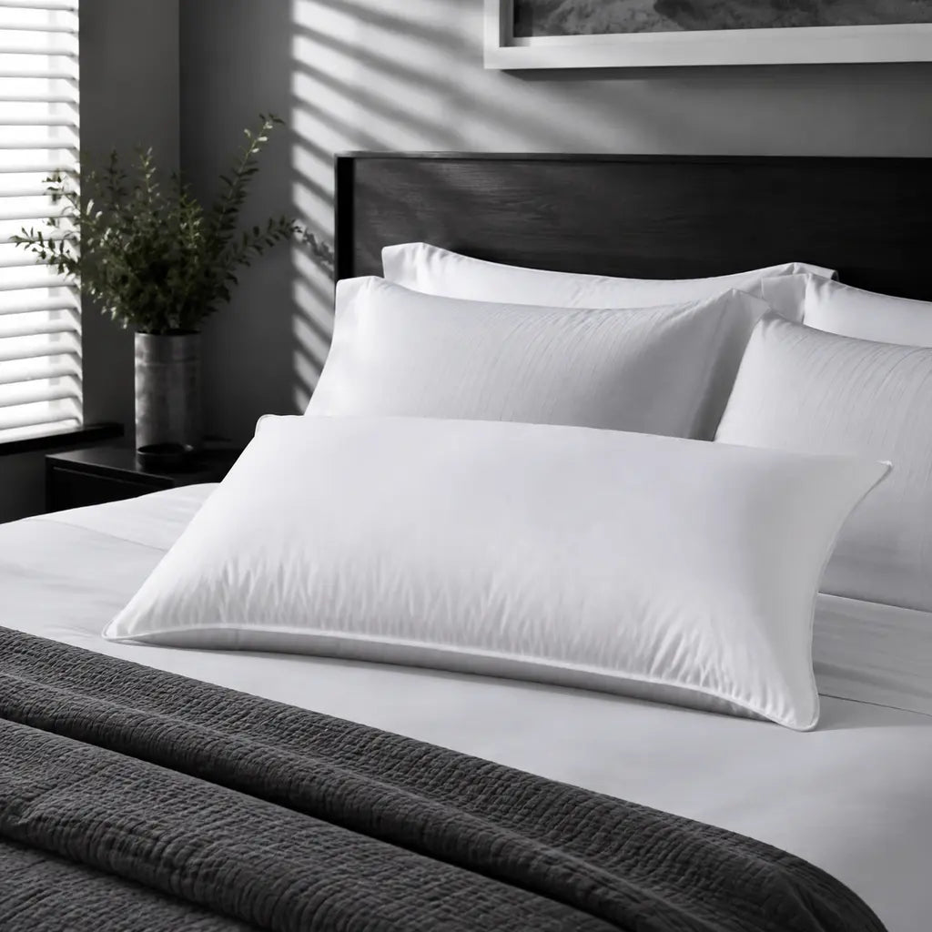 Bristol Sleep Luxury white microfibre pillow inner styled in a cool grey hotel bedroom – Linen and Co