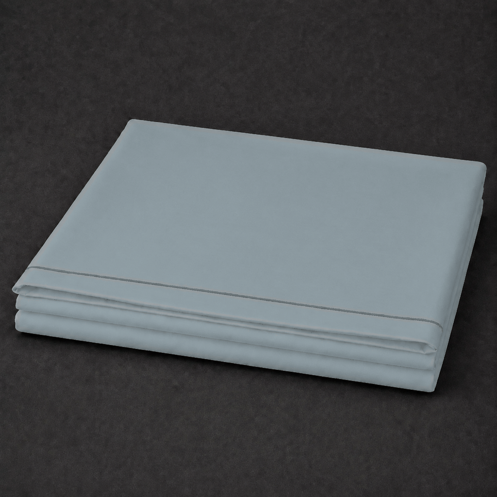 Duck Egg polycotton percale 200TC flat sheet with Grey one-row satin stitch — folded product view.