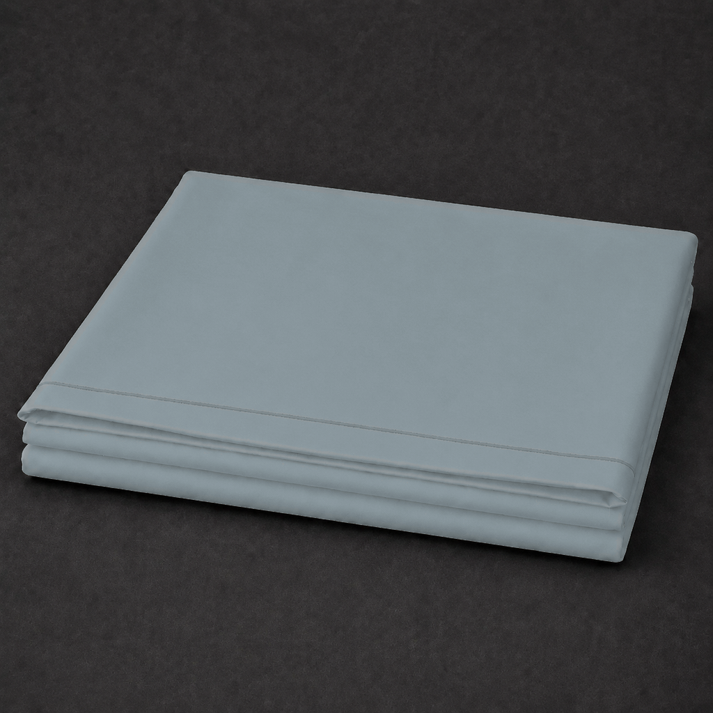 Duck Egg polycotton percale 200TC flat sheet with Duck Egg one-row satin stitch — folded product view.