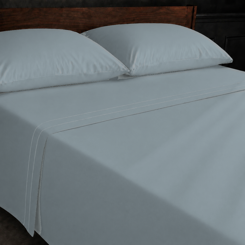 Duck Egg polycotton percale 200TC flat sheet with Natural Cream two-row satin stitch — folded product view.