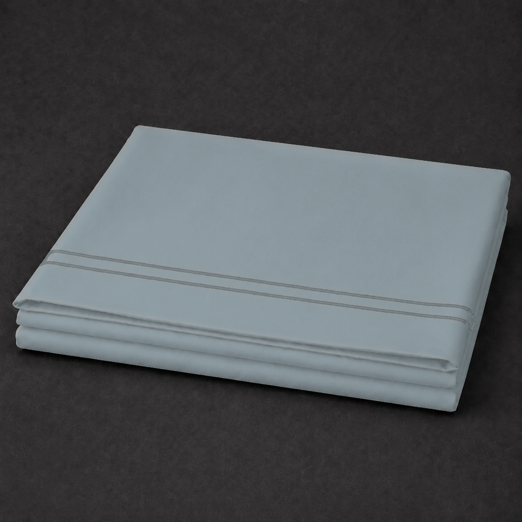 Duck Egg polycotton percale 200TC flat sheet with Stone two-row satin stitch — folded product view.