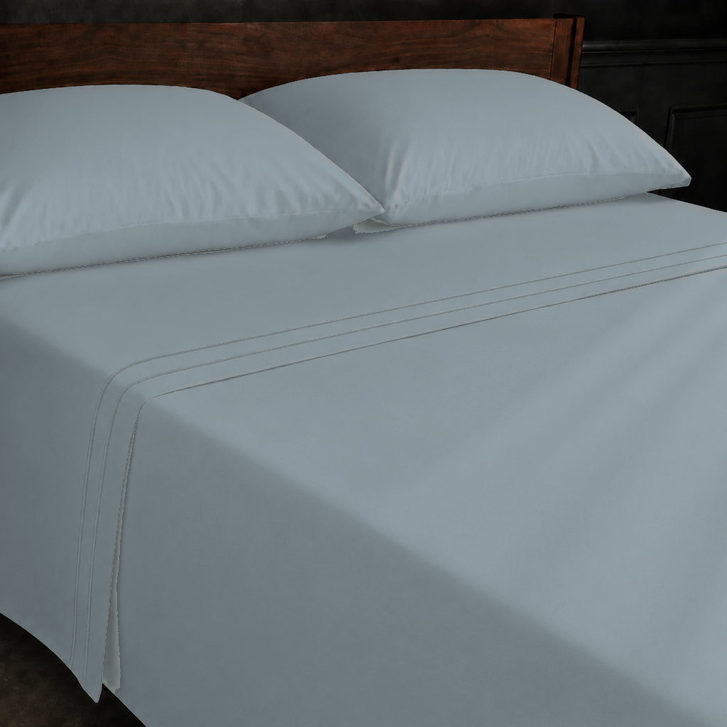 Duck Egg polycotton percale 200TC flat sheet with Duck Egg two-row satin stitch — close-up detail.